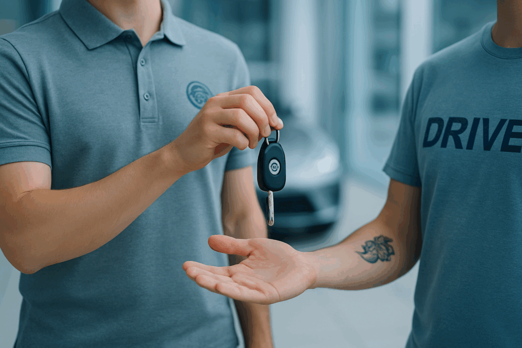 A man in a polo shirt dropping car keys into the hand of a man in a t-shirt.